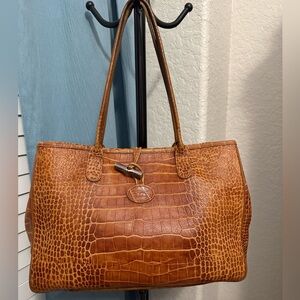 Vintage Longchamp Croc-Embossed Leather Tote Bag in Cognac Brown